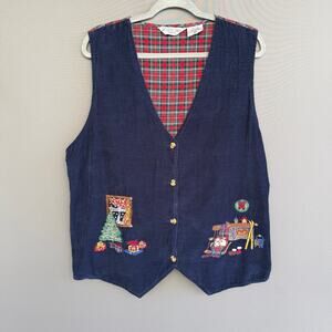 Vtg Victoria Jones Woman ugly Christmas vest - corduroy - plaid - cat - size 2XL